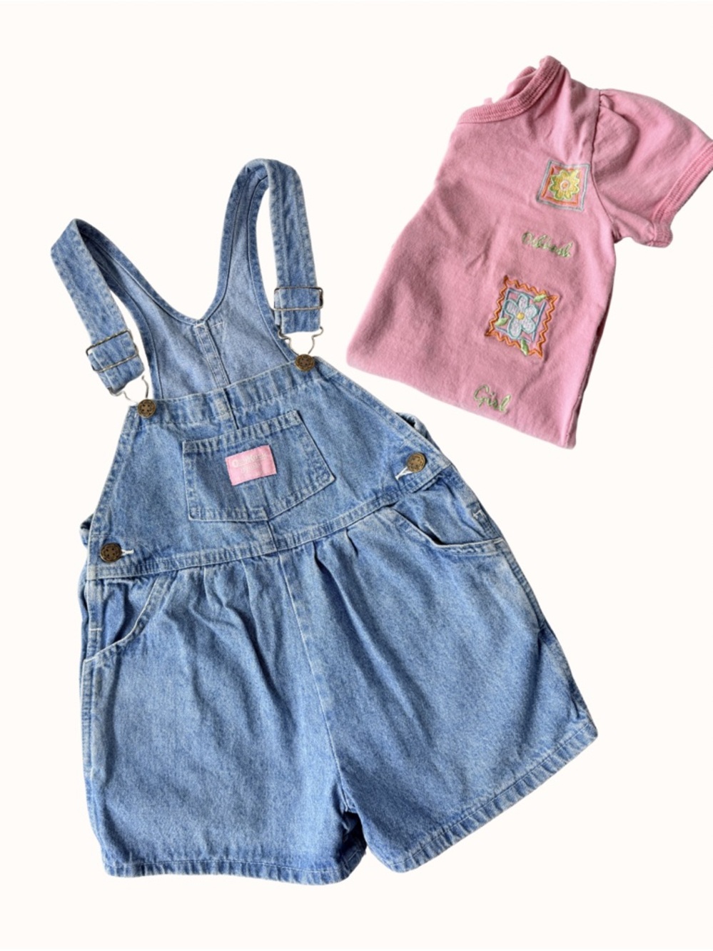 Vintage Denim Shortalls 4T OshKosh Pink tag with vtg OshKosh tee embroidered.